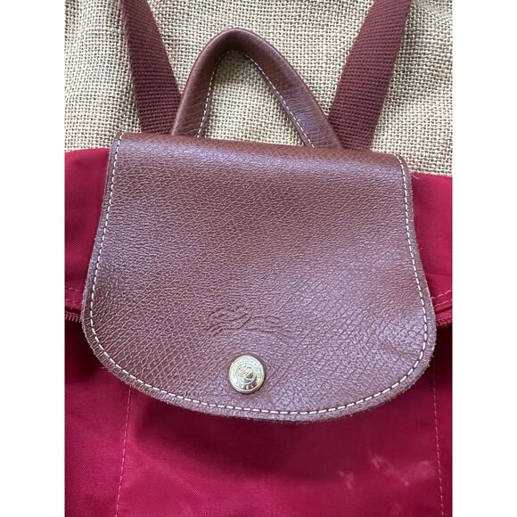 Longchamp Le Pliage Original Backpack Brown Red Nylon Leather Travel Bag Logo - Picture 4 of 15